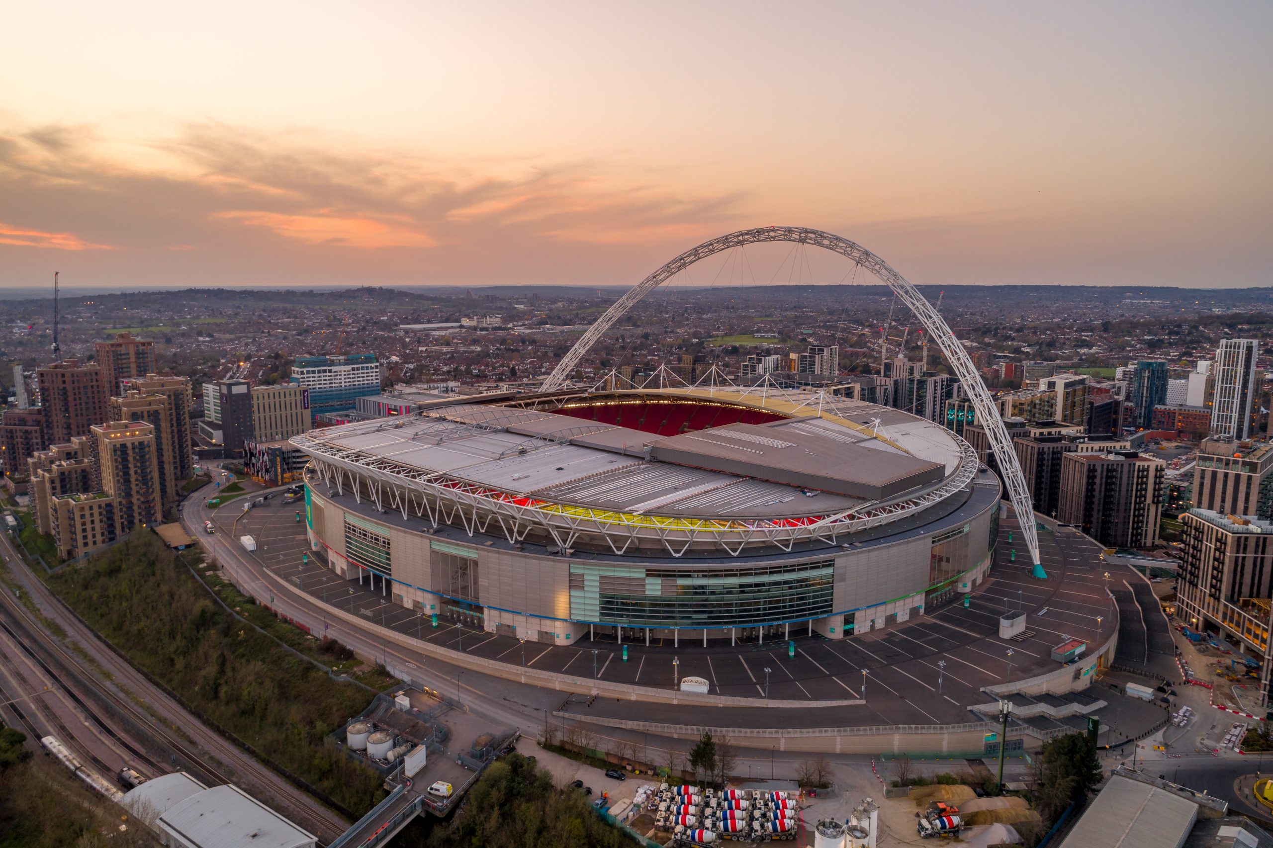 Exterior sunset shot of Wembley Stadium