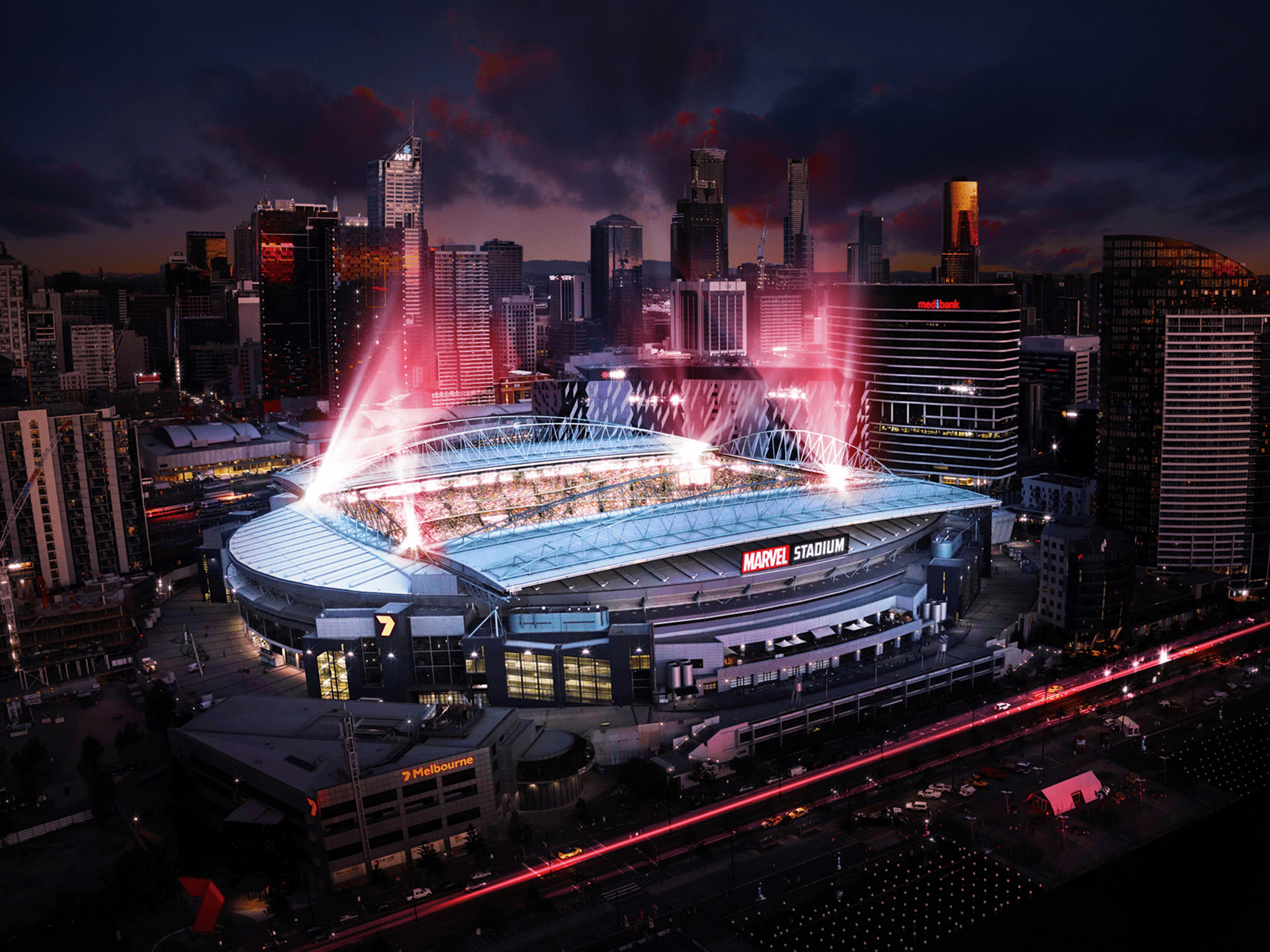 Exterior shot of Marvel Stadium at night